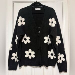 No Boundaries Black Cardigan with White Floral Design